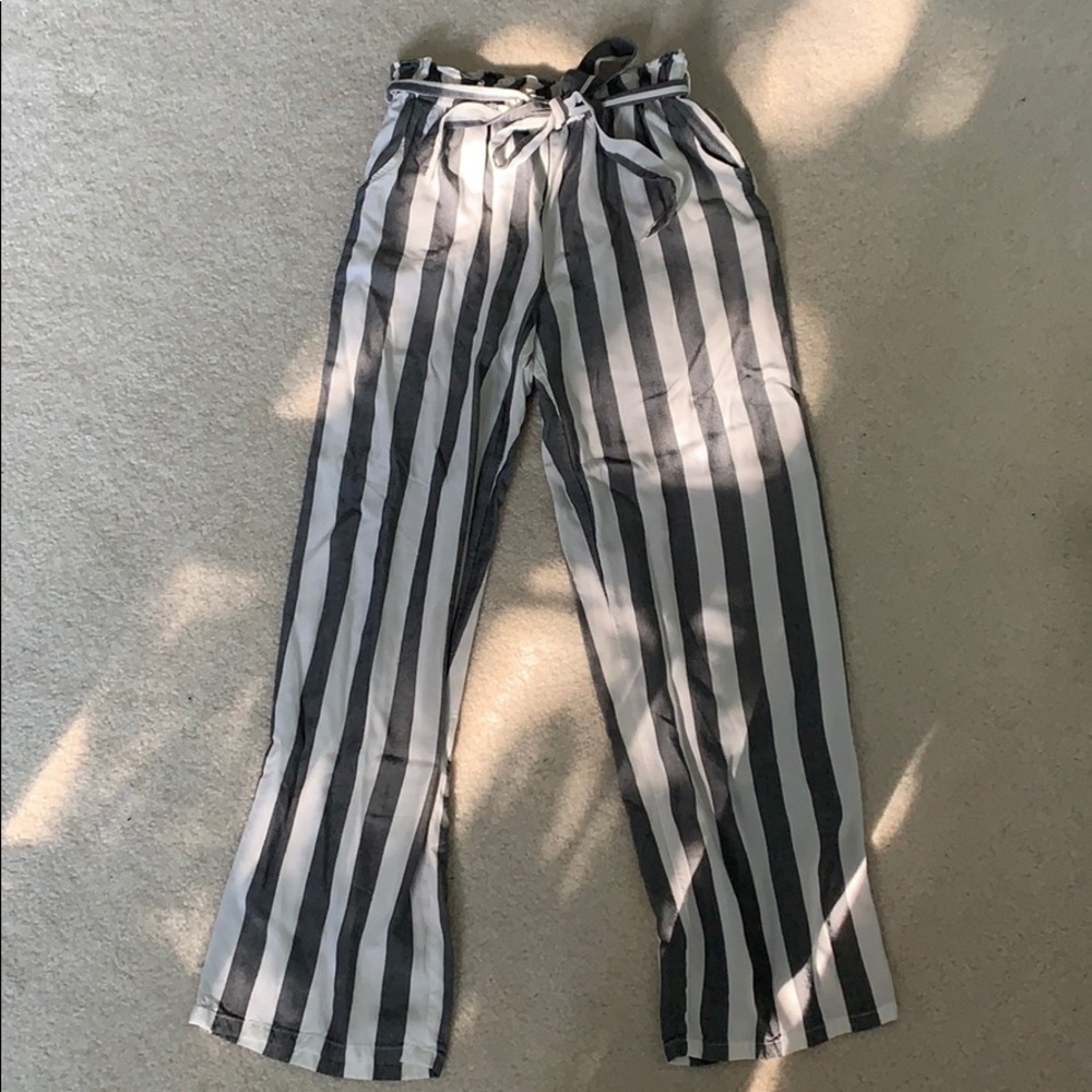 Grey and White striped paper bag pants